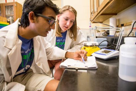 Two researchers wearing white lab coats in a lab reviewing notes